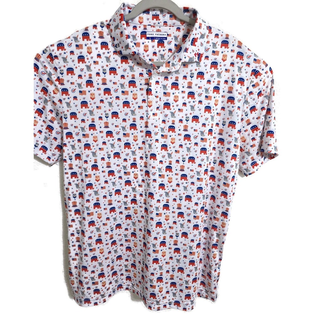 Fore Fathers Polo Shirt Mens Large White Patriotic GOP Elephant Flag Print Golf